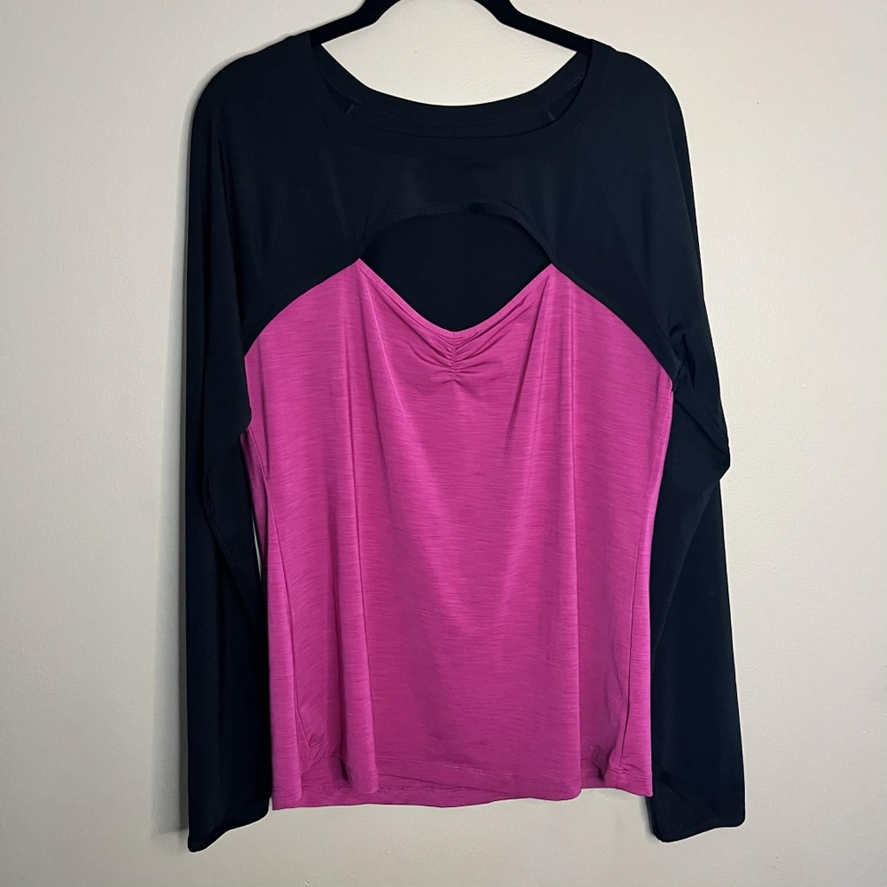 Danskin Now Studio Large Black and Neon Pink Faux Layered Athleisure Top